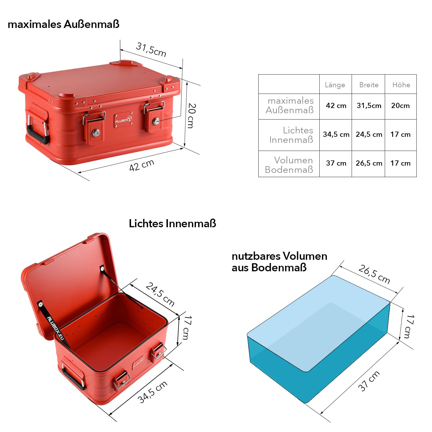 Alubox Alukiste Abschließbar E18-RED Premium Aluminium Werkzeugtruhe 18 Liter Rot Pulverbeschichtet Deckel Aluminium Druckguss Stapelecken Gummidichtung Schlösser