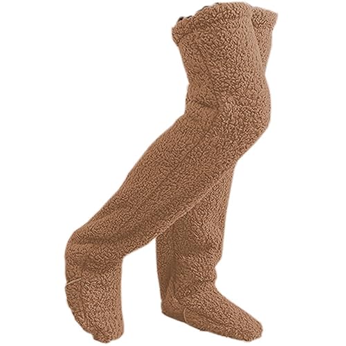 Chlemeter Cozy Paws Thigh High Fuzzy Socks - Plush Teddy Bear Non-Slip Warm for Women & Men, Sleeping Lounge Winter - Brown