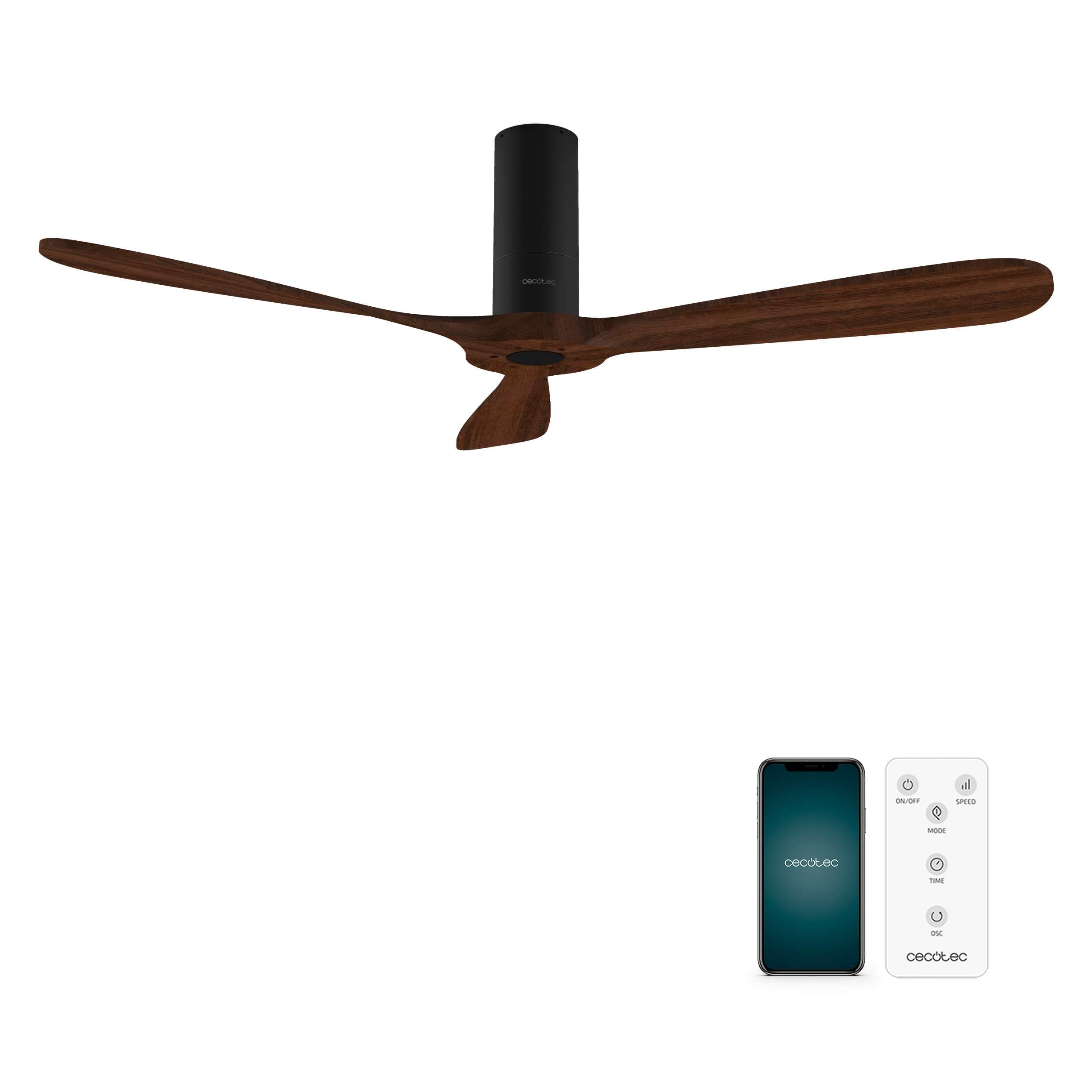Cecotec Ventilador de Techo con Mando a Distancia y Wifi EnergySilence Aero 5500 Black Aqua Connected. 40 W, Diámetro 52”, 3 Aspas, Protección IP44, Modo winter-summer, Temporizador