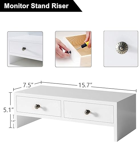 Miniatura 7 de WELLAND Monitor Stand Riser with Drawers, Computer Monitor Stand, Desktop Organizer Stand for Laptop, PC, Office Supplies, White
