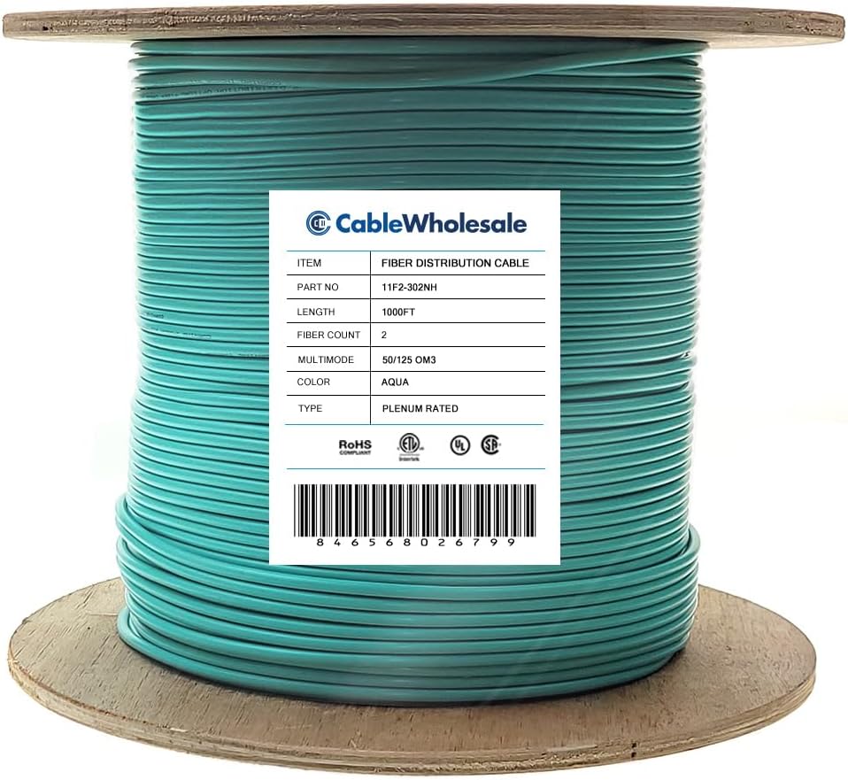 2-Strand Fiber Indoor Distribution Fiber Optic Cable, Multimode 50/125 OM3, Plenum Rated, Aqua, Spool, 1000 feet, CableWholesale