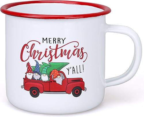 Tazas de café esmaltadas de 12 onzas con camión rojo y árbol de Navidad, divertidas tazas de café vintage blancas