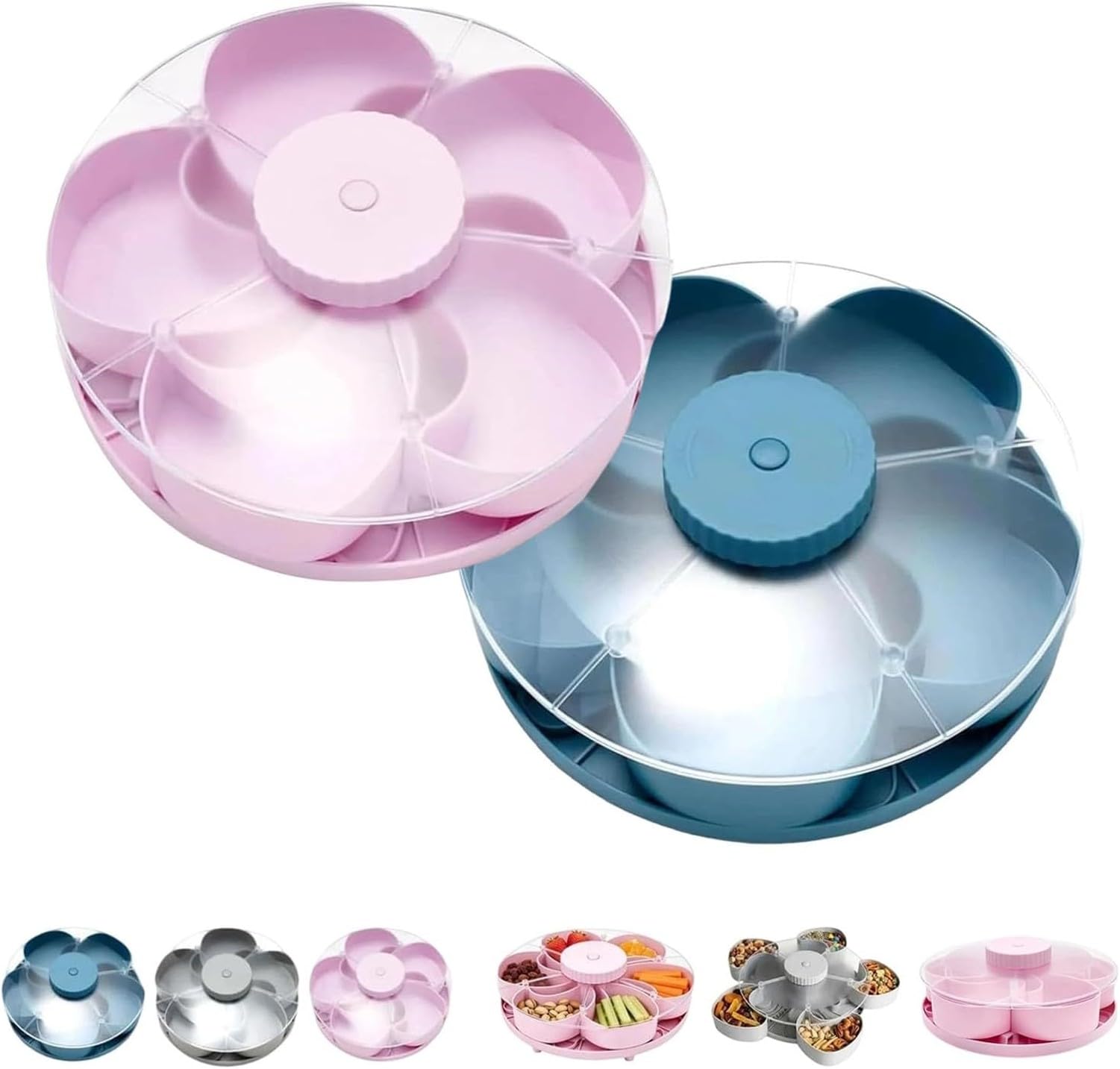 XIUNYIE Divided Rotating Snack Serving Tray with Lid and Lid Compartments, Petal Shaped Multisnack and Dip Plate for Fruit and Vegetable Salads, Food Travel, Party and, #F