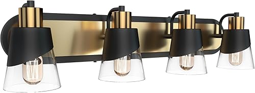 Vista 30 de URSOLA Lámpara de tocador de baño, 3 luces de baño sobre espejo, accesorios de iluminación de baño de 20.47 pulgadas, diseño negro y dorado