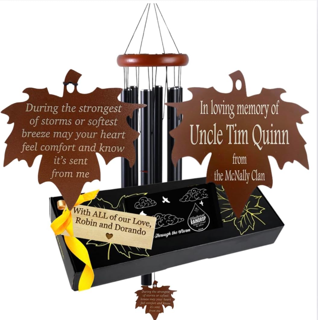 Personalized Memorial Wind Chimes USA Seller Deep Tone Large 28 inch Black Wind Chime with Maple Leaf or Teardrop Through the Strongest of Storms Sympathy Gift after Loss by Weathered Raindrop