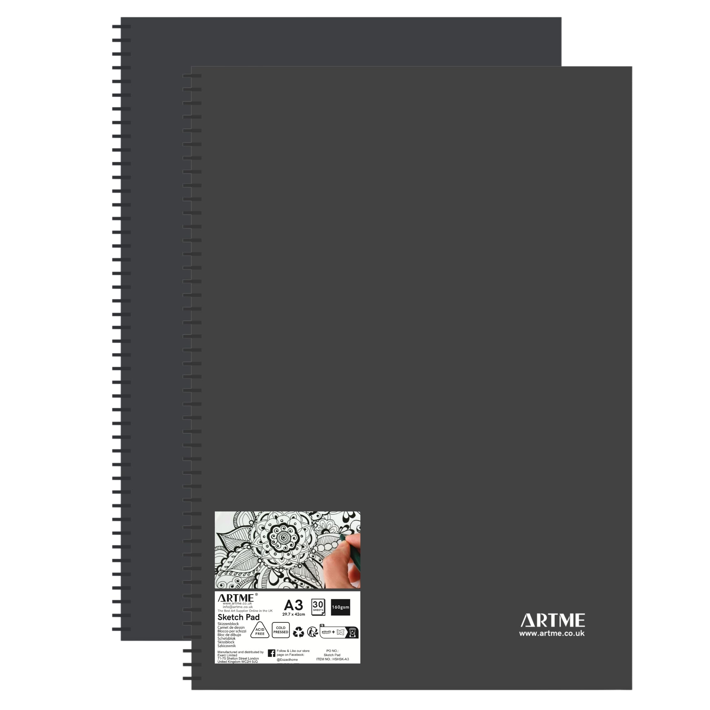 Artme A3x2 A3 Sketch Pad 2Pcs, 30 Sheets 160Gsm, Spiral Bound, Sketchbook Portrait, Perforated Drawing Pad