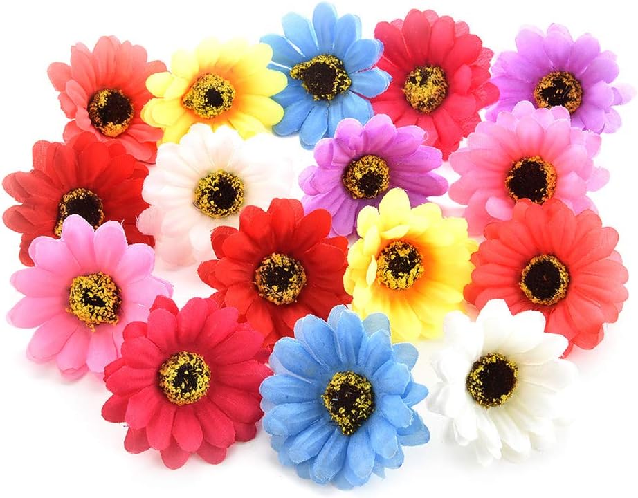 Fake flower heads in bulk wholesale for Crafts Silk Sunflower Daisy Roses Handmake Artificial Flower Heads Home Wedding Decoration DIY Wreath Decor Gift Box Scrapbooking 50pcs 5cm (Colorful)
