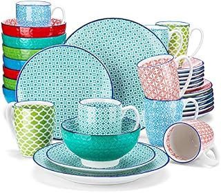 vancasso Macaron Dinnerware Set 32 Pieces Porcelain Dinner Set - Multicolour Japanese Dinner Service Mediterranean Crockery with Dinner Plate, Dessert Plate, Cereal Bowl and Mug, Service for 8