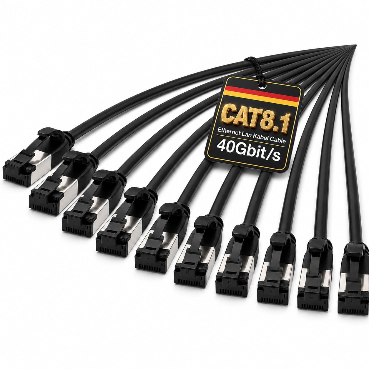 1aTTack.de 1m Cat 8.1 Lan Kabel Netzwerkkabel (10 Stück) Cat 8 Ethernet Kabel mit RJ45 Stecker Slim und dünn mit 40 Gbps Übertragungsrate Schwarz 1.0 Meter