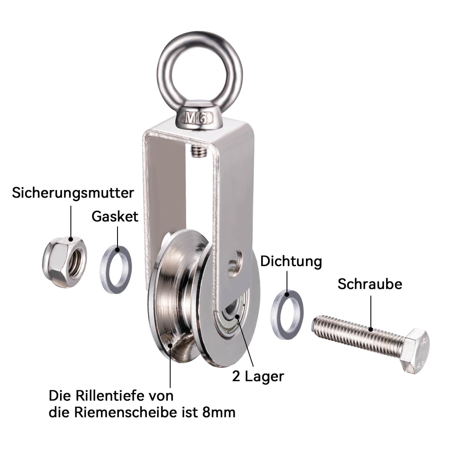 40mm Umlenkrolle mit 2 Kugellager, Edelstahl Fitness flaschenzug mit 10m Nylon Seile und Clip，Umlenkrollen für 8mm Seile Stahlseil, Tragkraft 200kg