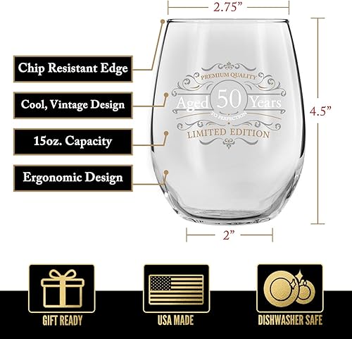Miniatura 2 de DU VINO Copa de vino sin tallo de edición vintage para hombres y mujeres (50 aniversario) de 15 onzas, copas de vino de feliz cumpleaños para niños