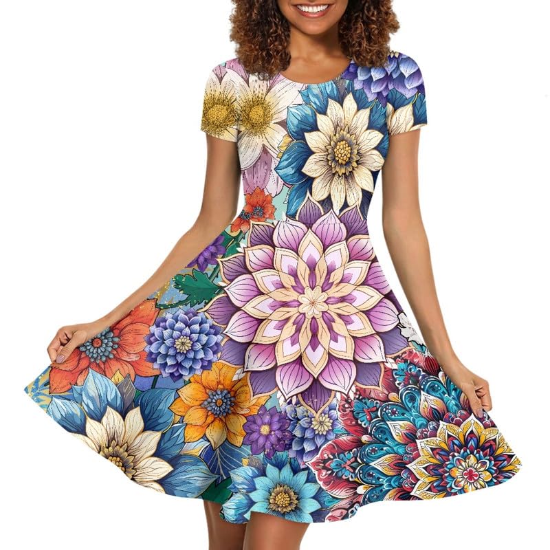 Image of Irisjudy T Shirt Dress for Women Short Sleeve Girls Short Sleeve Dress Plus Size, O Neck Knee Length Midi Dress for Ladies