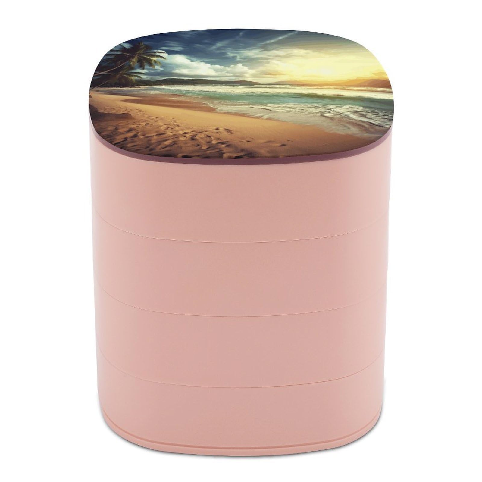 VstaDank 360° Rotating Sunset on The Beach Jewelry Box, Multi-Layer Large Capacity Jewelry Organizer for Earrings Necklaces Rings, Dustproof Desktop Storage Case for Women
