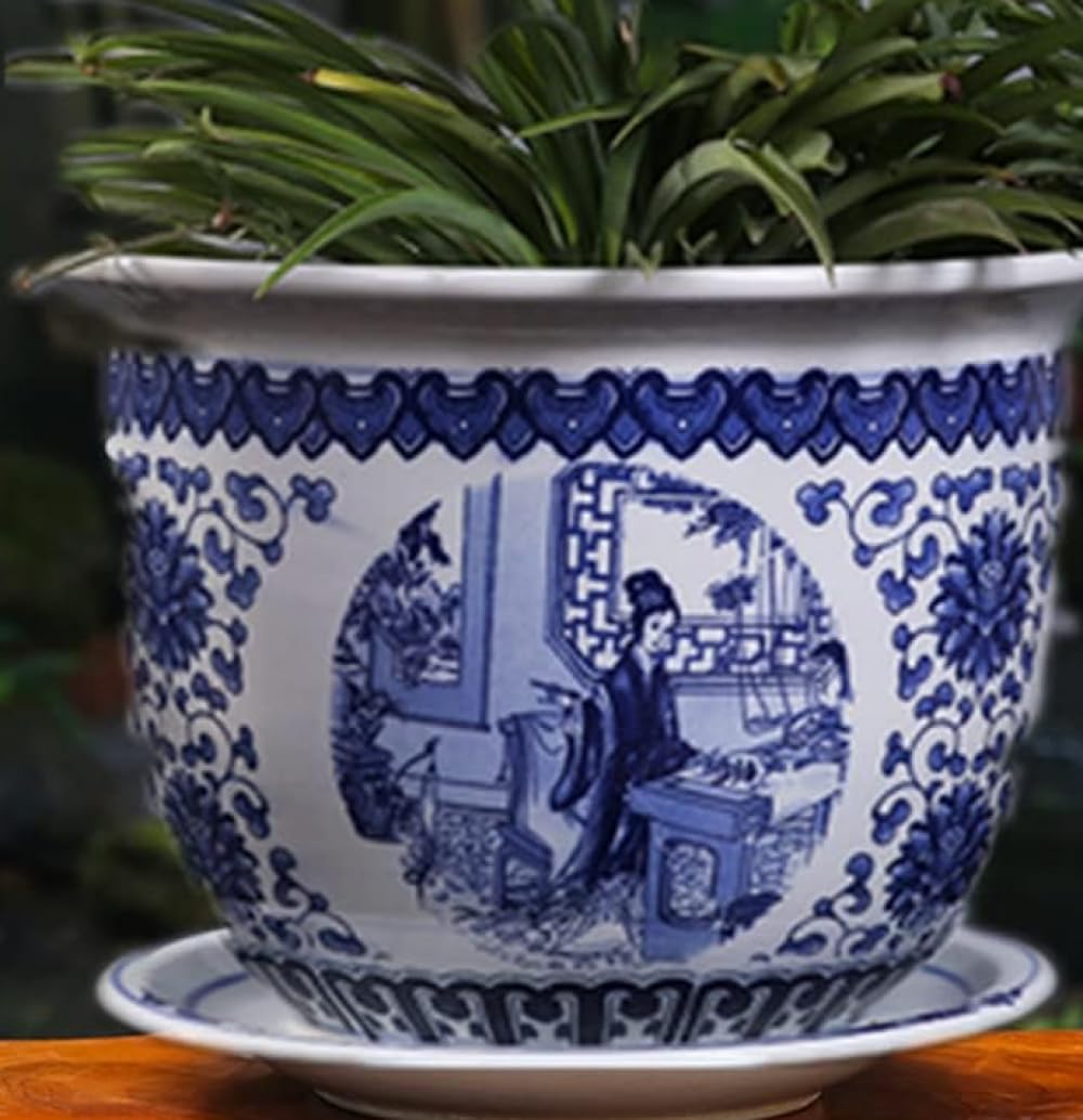 Doniczka porcelanowa w kolorze chinoiserie, niebiesko-biała, ceramiczna doniczka z tacką, oddychająca, zielona roślina doniczkowa – A||21 cm