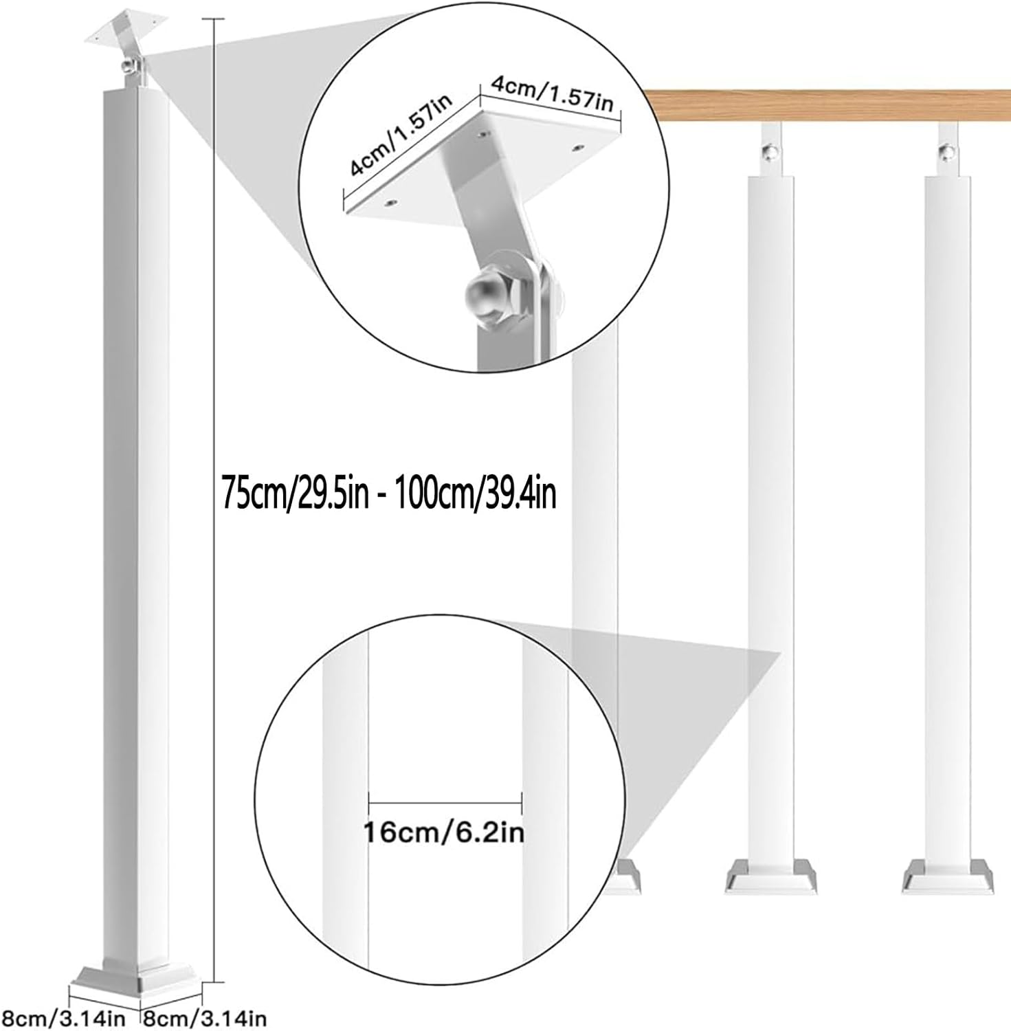 Adjustable 270° Square Baluster Posts - 2 Pack Staircase Handrail, Indoor Railing Deck Balusters, Black Banister Columns for Stairway, Deck & Entryway (75cm/29.5in) (White 75cm/29.5in)