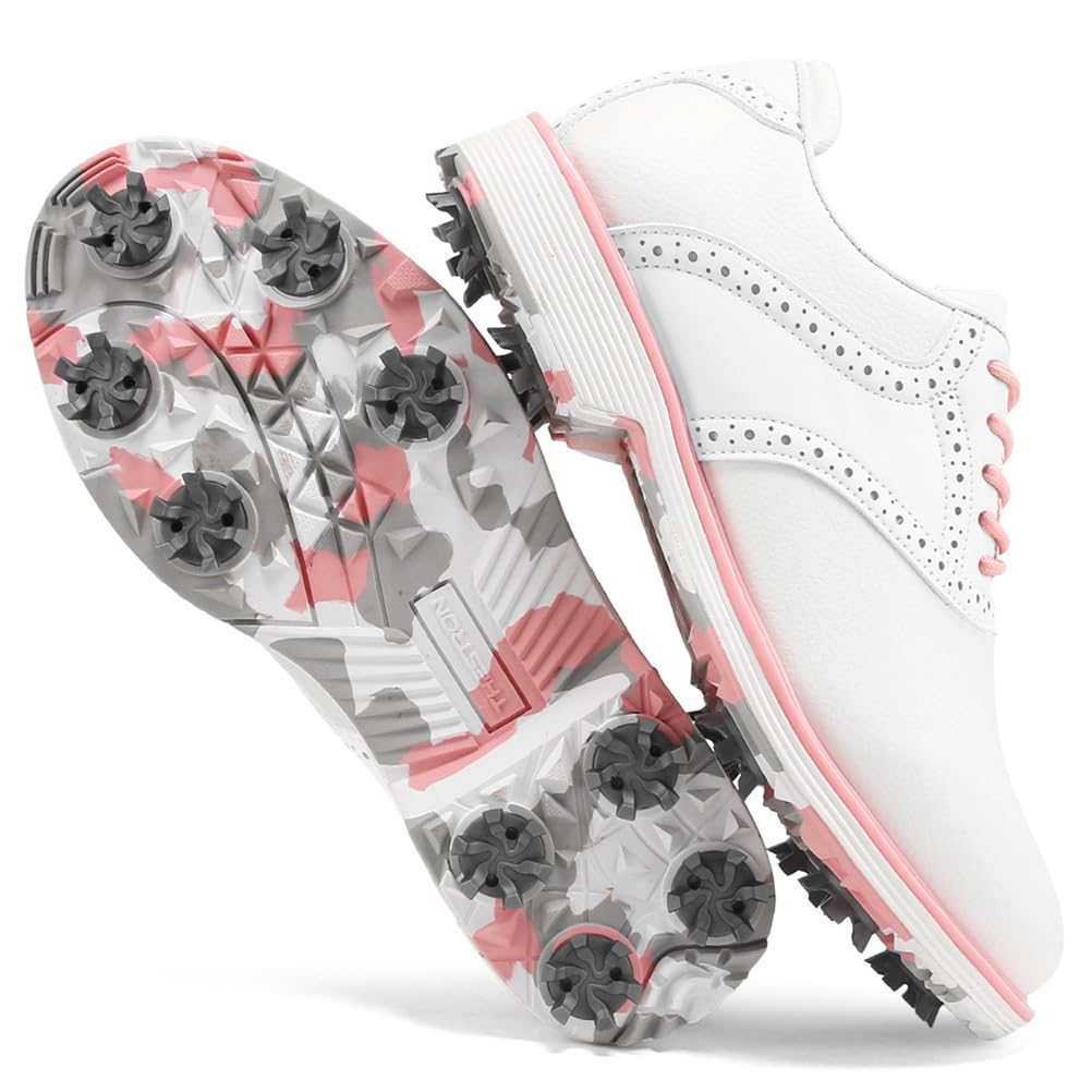 SDEQA Chaussures de Golf imperméables pour Femmes avec 9 Crampons, Baskets de Golf en Cuir pour golfeuses, Taille Plus