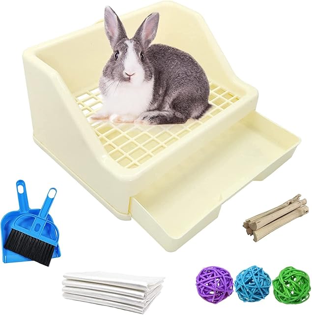 Rabbit Litter Box with Drawer, Small Animal Litter Pet Toilet Potty Trainer Corner Bunny Litter Bedding Box Plastic Pet Pan for Hamster/Guinea Pig/Ferret/Galesaur/Chinchilla (White)