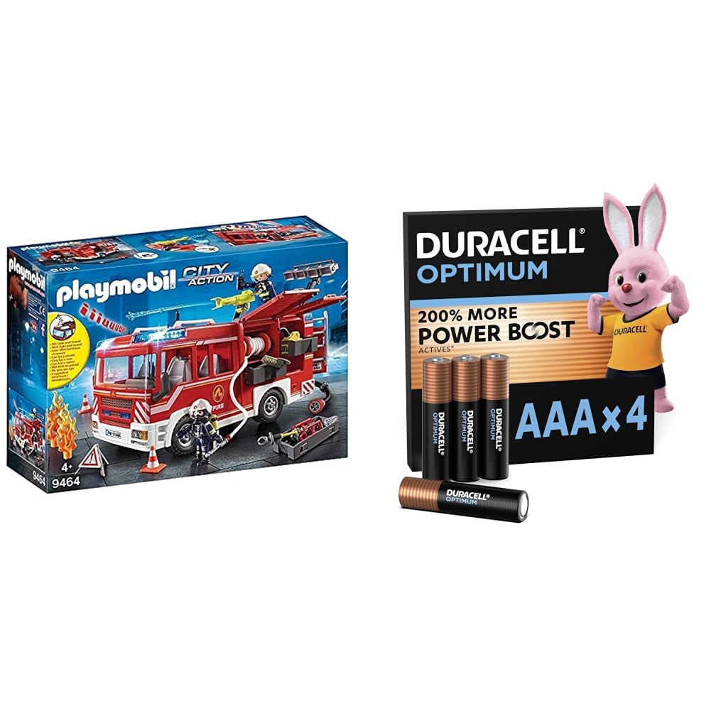 PLAYMOBIL City Action 9464, Autopompa dei Vigili del Fuoco con luci e suoni, Dai 5 anni + Duracell Optimum confezione da 4 AAA