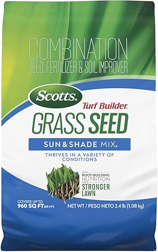 Scotts  Mezcla de semillas de césped Turf Builder Sun & Shade con fertilizante y mejorador de suelo, prospera en diversas condiciones, 2.4 libras