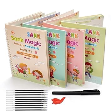 Magic Practice Copybook Set for Kids (4 Books + Pen + 10 Refills + Grip), Reusable Number & Alphabet Tracing Workbook, Handwriting Practice & Calligraphy Learning Books for Preschool Children