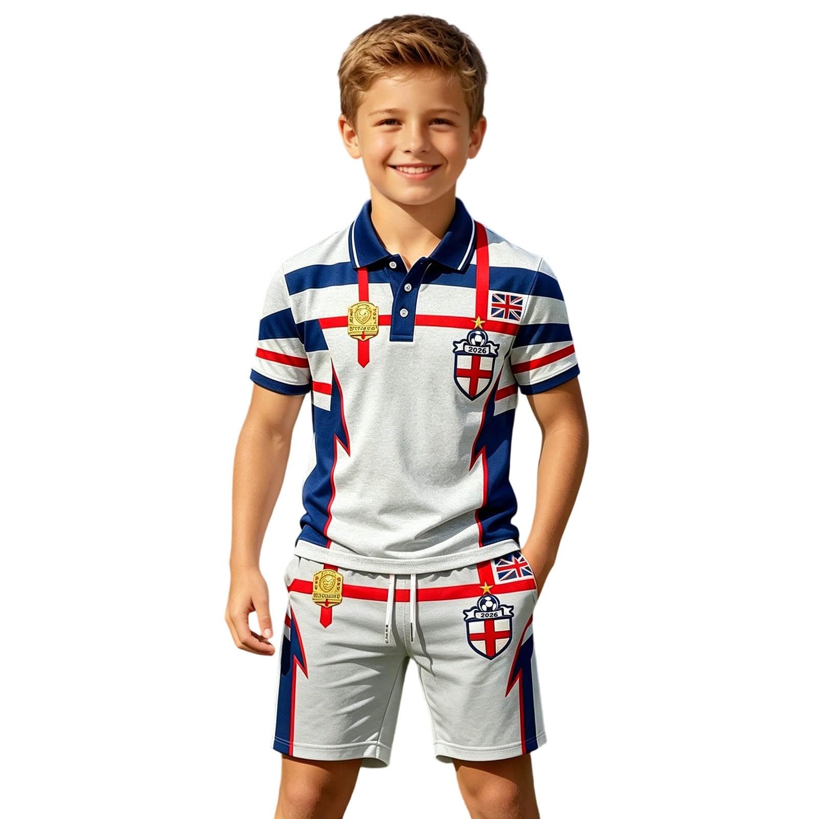 Kids England Football Shirt 2026 Boys Short Sleeve Collared Breathable Lightweight Polo Shirts Football Kit Set Gym Shorts and T-Shirt Training Daily (007-Grey, 11-12 Years)