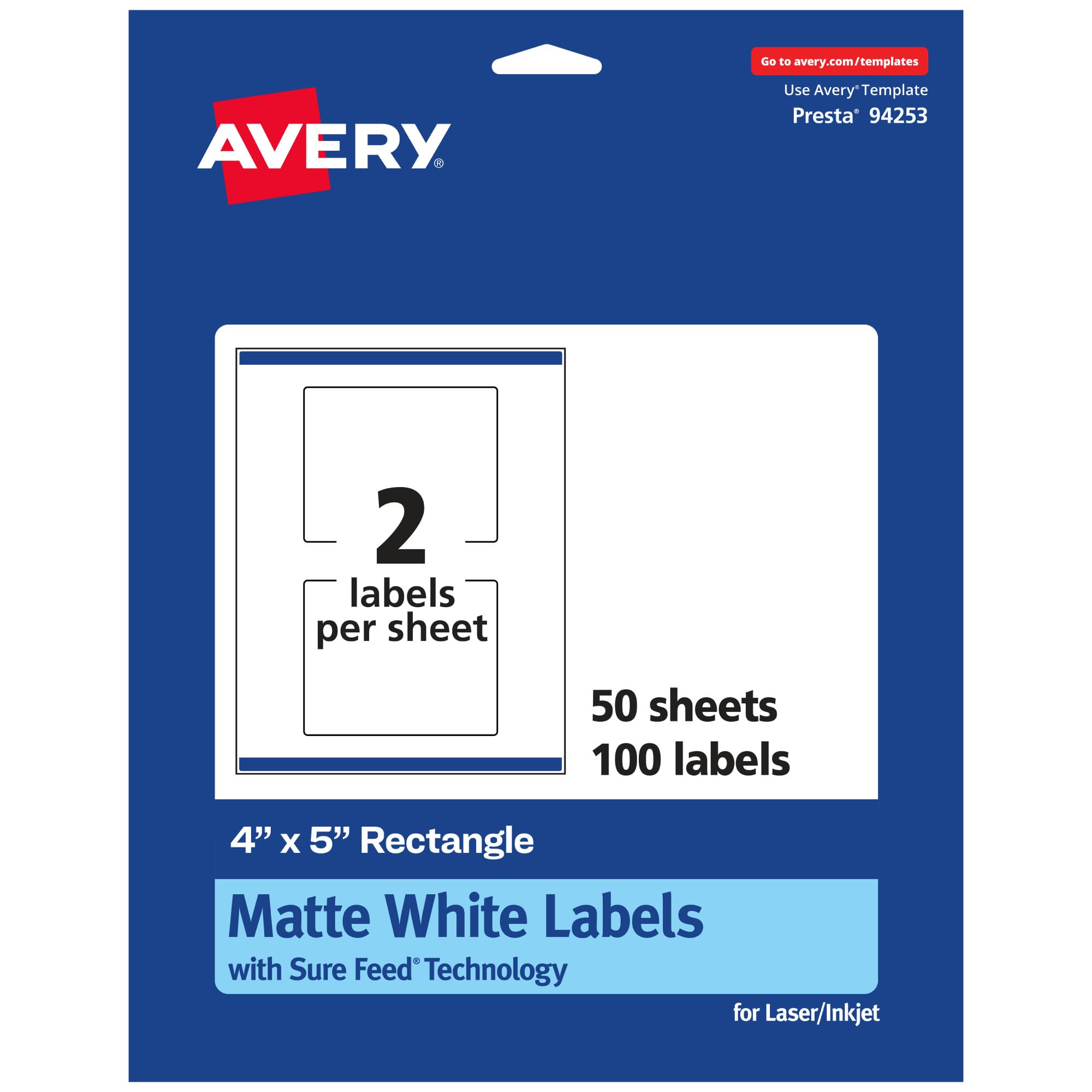 Avery Matte White Rectangle Labels, Sure Feed Technology, 4" x 5", 100 Matte White Printable Labels
