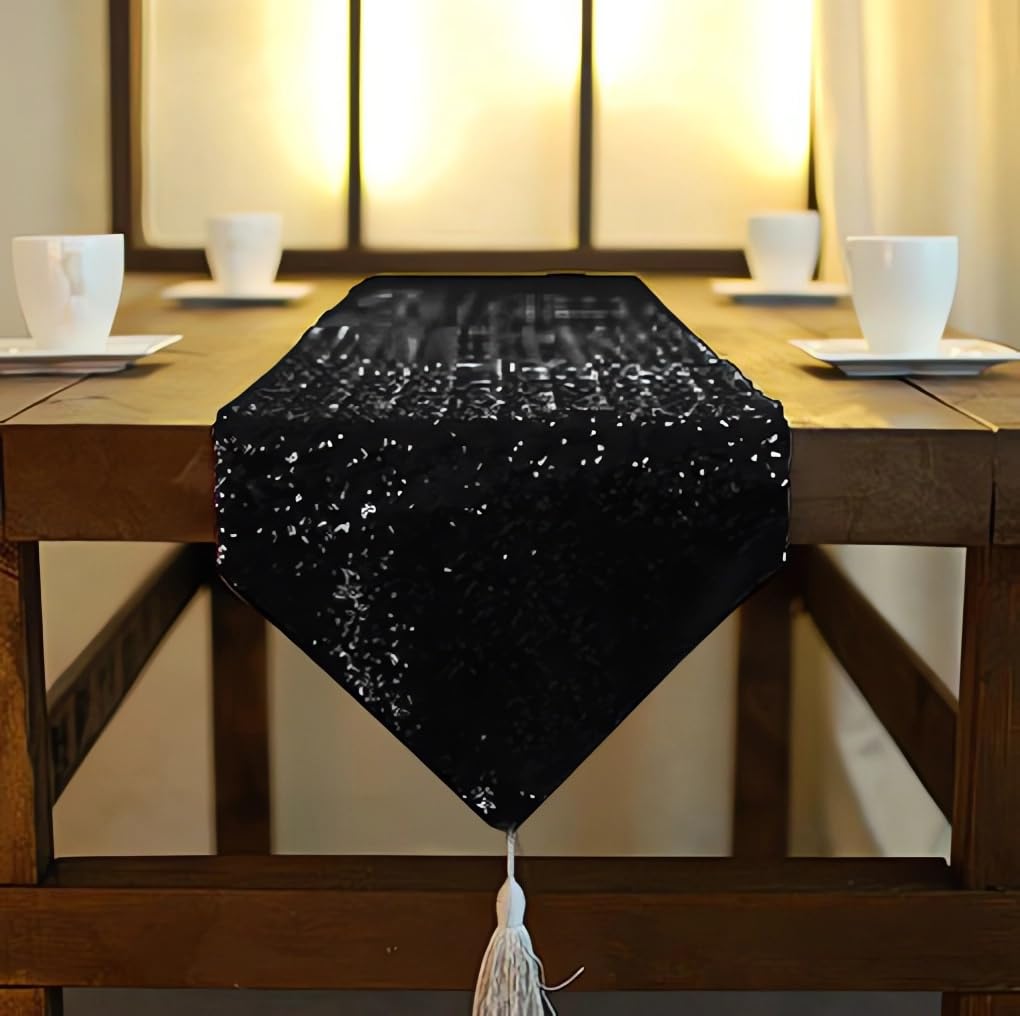 ShinyBeauty 72 Inch Sequin Table Runner - Black with Tassel, 12x72 Inches, Glitter Metallic Linen for Kitchen, Birthday, Wedding Decor, Elegant