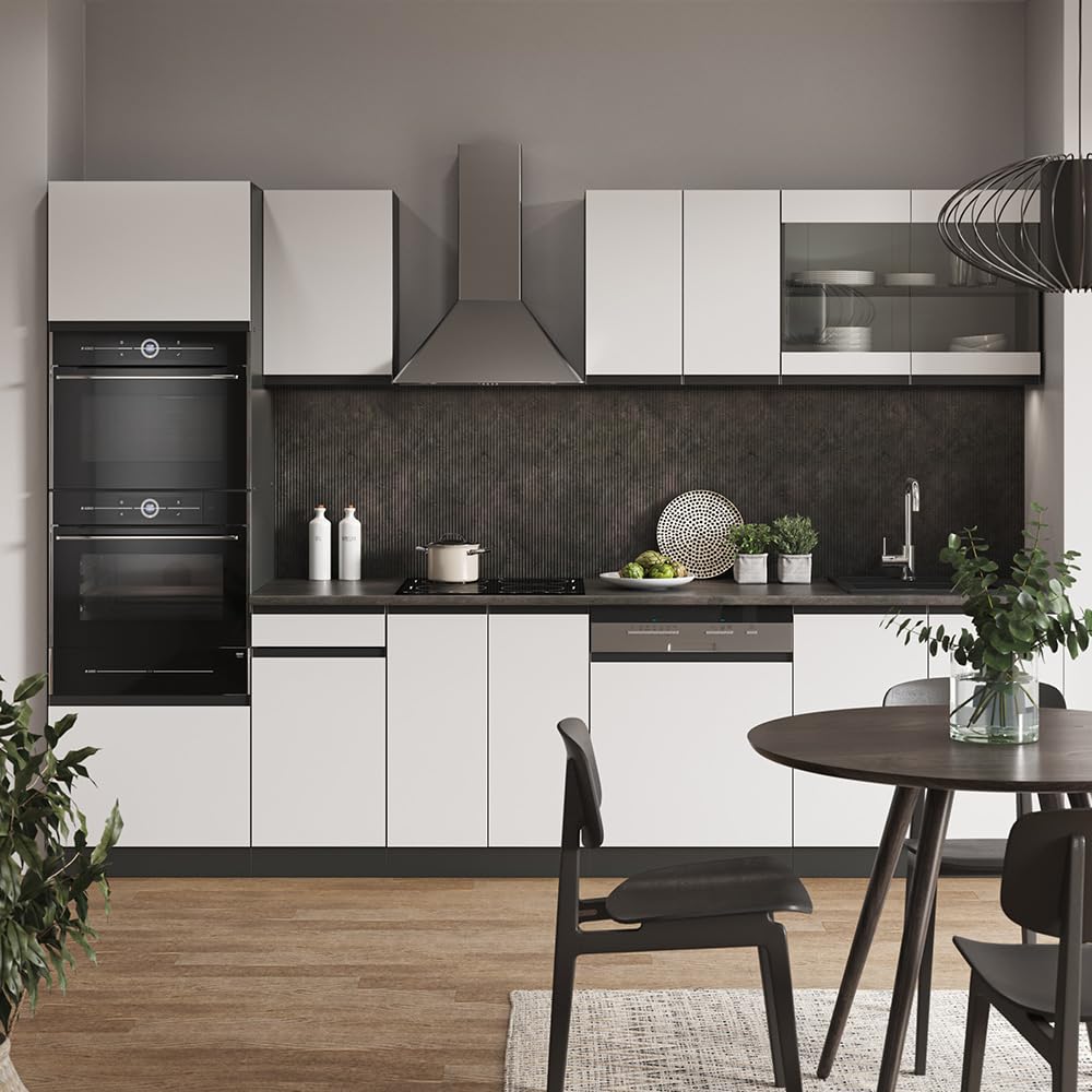 Vicco Mueble de Cocina R-Line, Blanco, 300 cm J-Shape con Armario Alto, ET Antracita, Apto para combinación y ampliación Individual