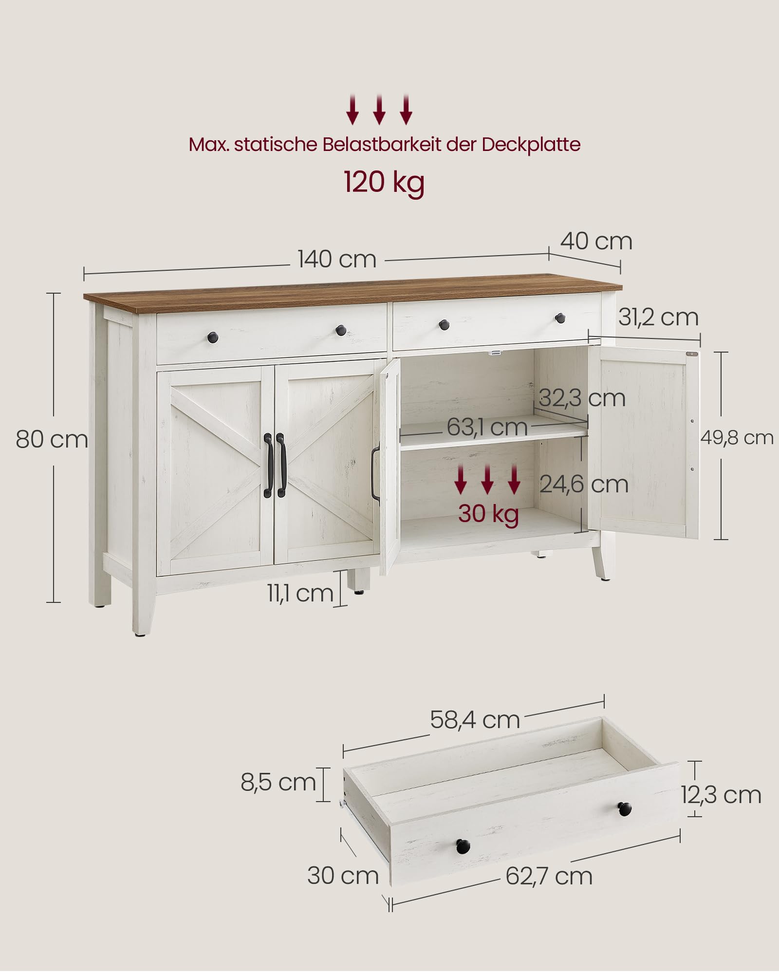 VASAGLE Küchenschrank, Sideboard mit Schubladen, Aufbewahrungsschrank mit Türen, verstellbare Ablage, Landhausstil, für Wohnzimmer Küche Esszimmer, 40 x 140 x 80 cm, vintageweiß-honigbraun BBK381W02
