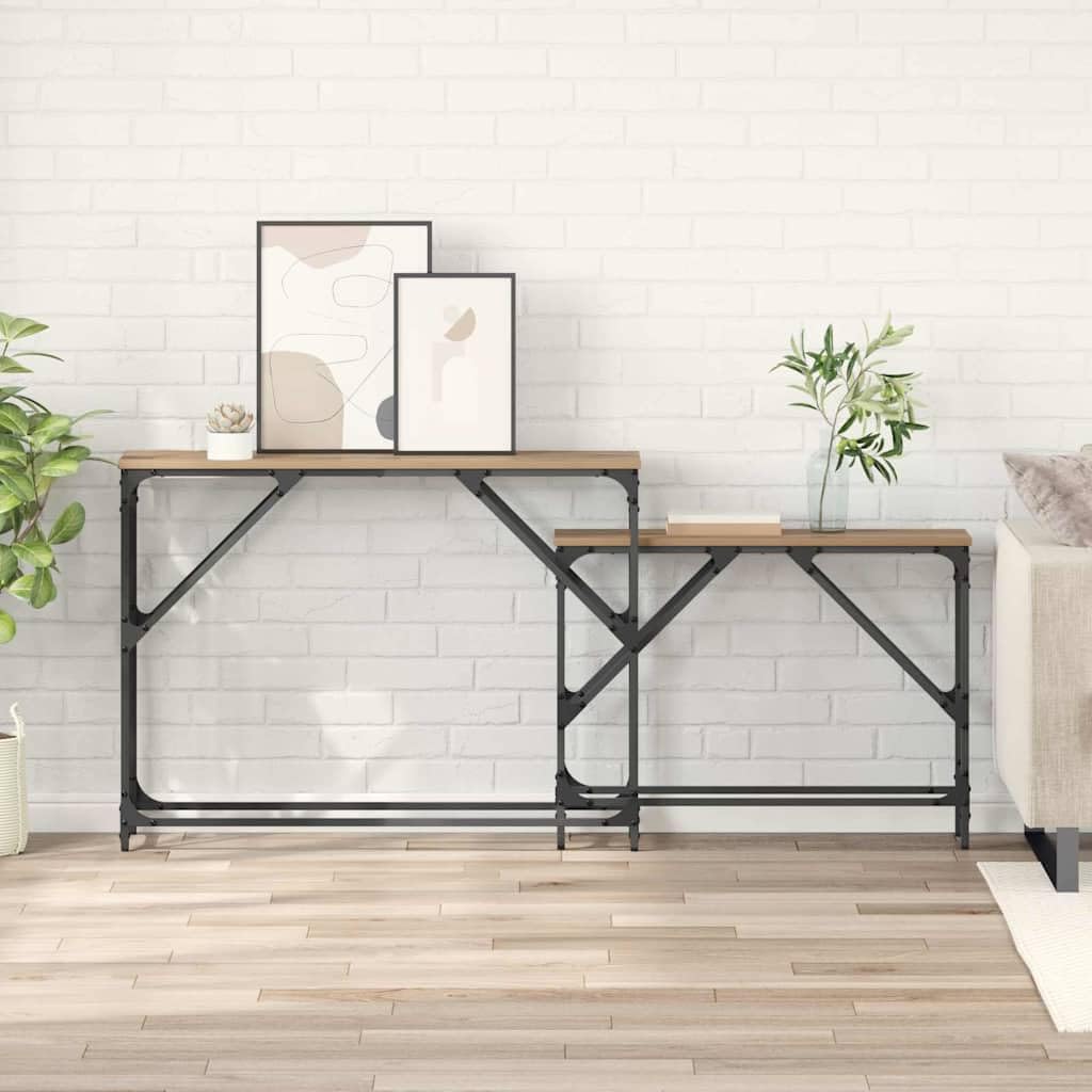 SXZenSpace Console Table Set of 2, Artisan Oak 100x28x75 cm, Engineered Wood & Black Metal Frame, Nesting Side Tables for Living Room, Hallway, Bedroom
