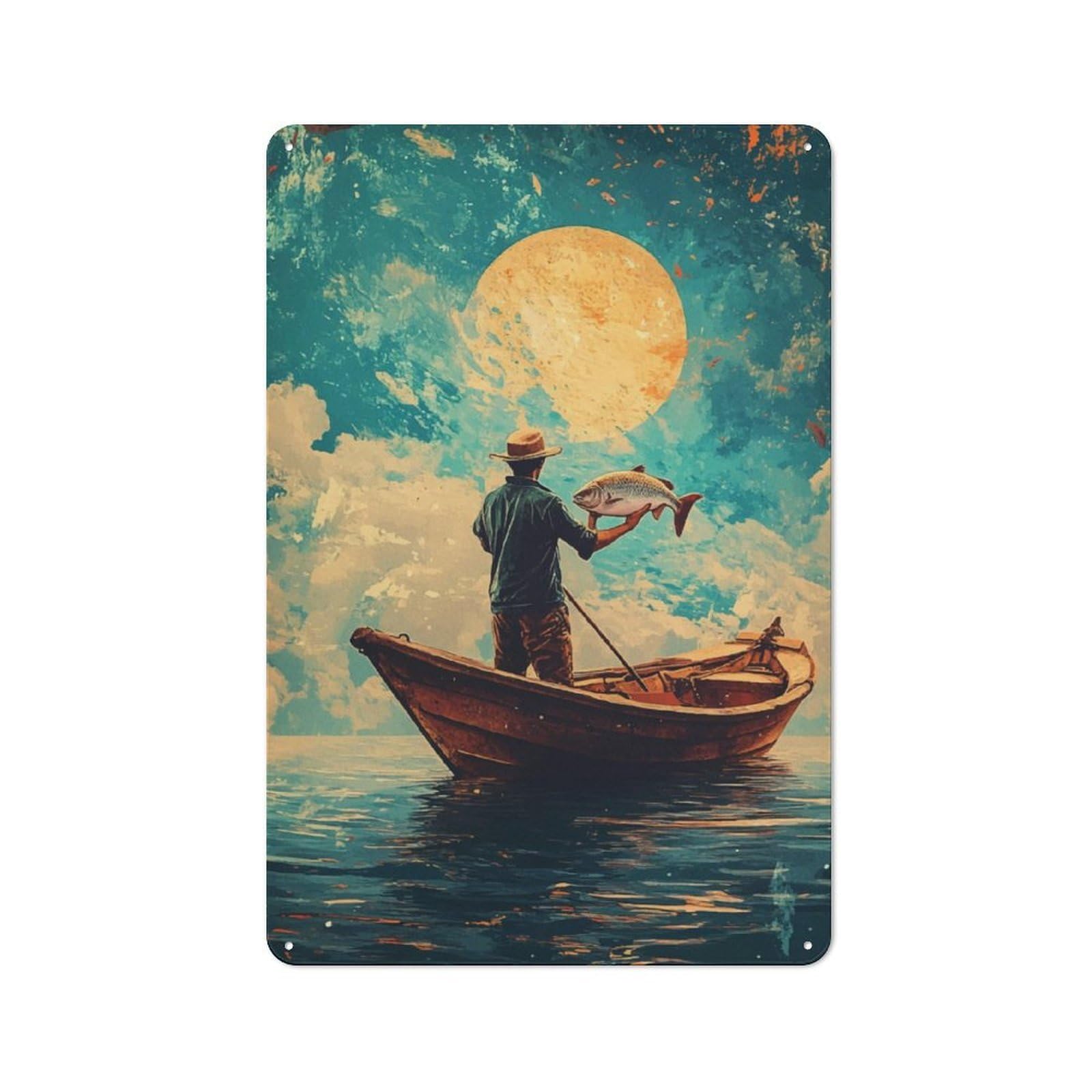 Junmoney Fisherman With Catch Retro Tin Sign 30X20cm For Bar Or Restaurant, For Collectors Of Retro Metal Wall Decor