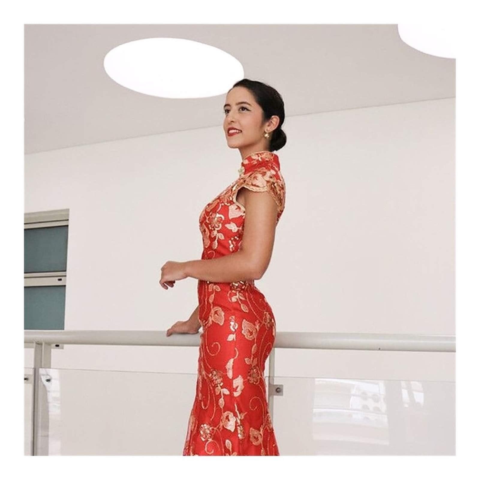 Vestido de Novia Chino Rojo para Mujer, Cheongsam Largo de Manga Corta, Dorado, Ajustado, Tradicional Chino, Qipao para Mujer, para Fiesta de Boda, cómodo