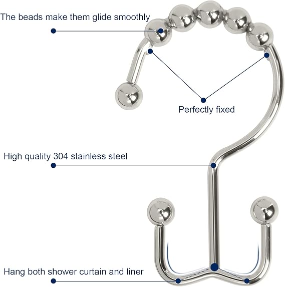 Gidse Shower Curtain Hooks,Sturdy Stainless Steel Double Sided Shower Hooks Rings for Bathroom Shower Curtain Rods Curtains Set of 12 Hooks - Nickel
