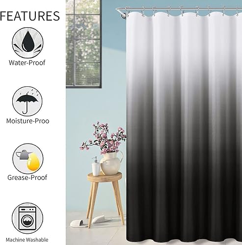 Miniatura 9 de Cortinas de ducha negras para baño, juego de cortinas de ducha de tela texturada ombre, lujo de hotel y spa con 12 ganchos, lavable a máquina,