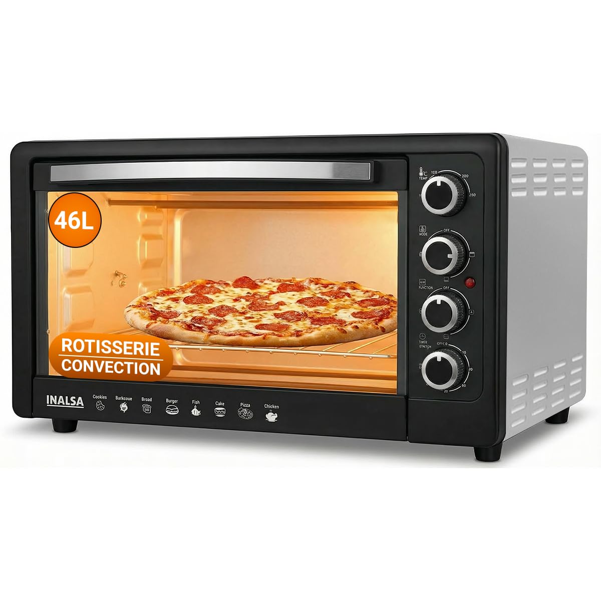 Inalsa Oven MasterChef 46SSRC OTG (46L) with Motorised Rotisserie and Convection, 2000W, 4 Stage Heat Selection, Stainless-Steel Finish| Suitable For Big Families (Silver)