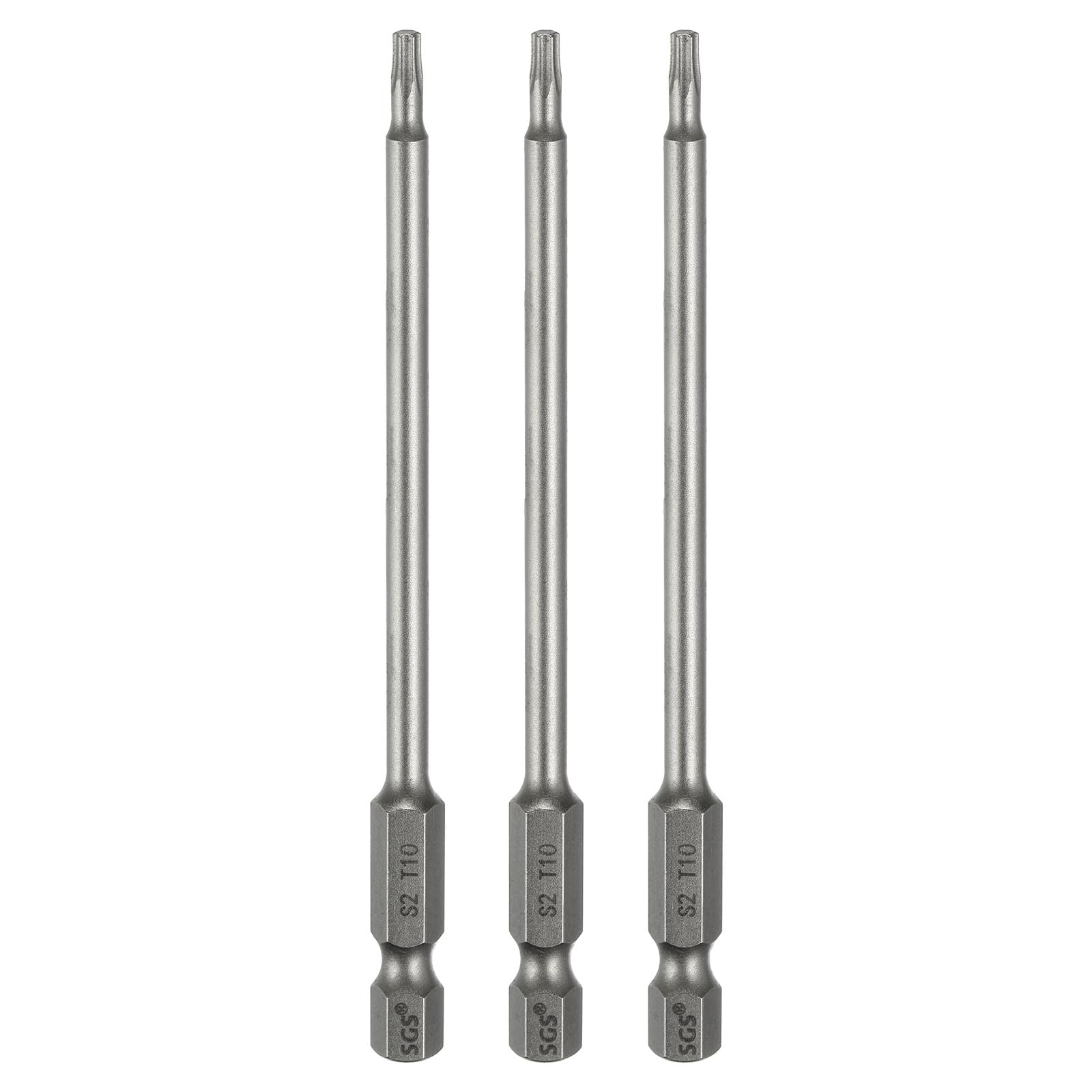 sourcing map 3pcs T10 Torx Head Screwdriver Bit 1/4" Hex Shank 4" (100mm) Long Magnetic No Hole Tip Tamper Proof 6 Point Star Screw Driver Drill Bits S2 Steel Industrial Power Screwdrivers — image 1