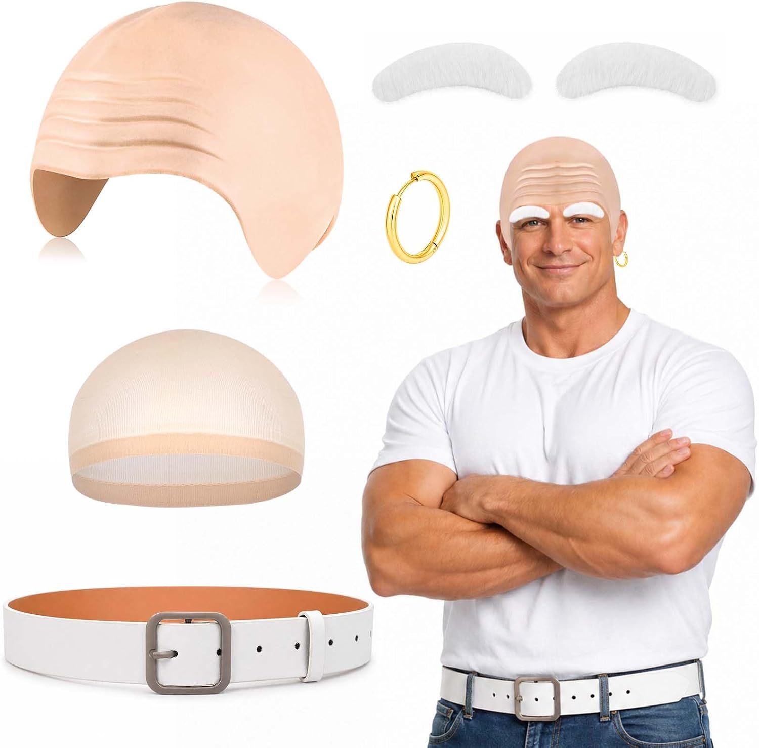 5Pcs Halloween Cleaner Costume Accessories,Fake Bald Skin Cap with Wig Cap, White Faux Eyebrows, Gold Hoop Earring & White Belt, Adult Halloween Cosplay Dress Up Accessories for Party Fancy Dress
