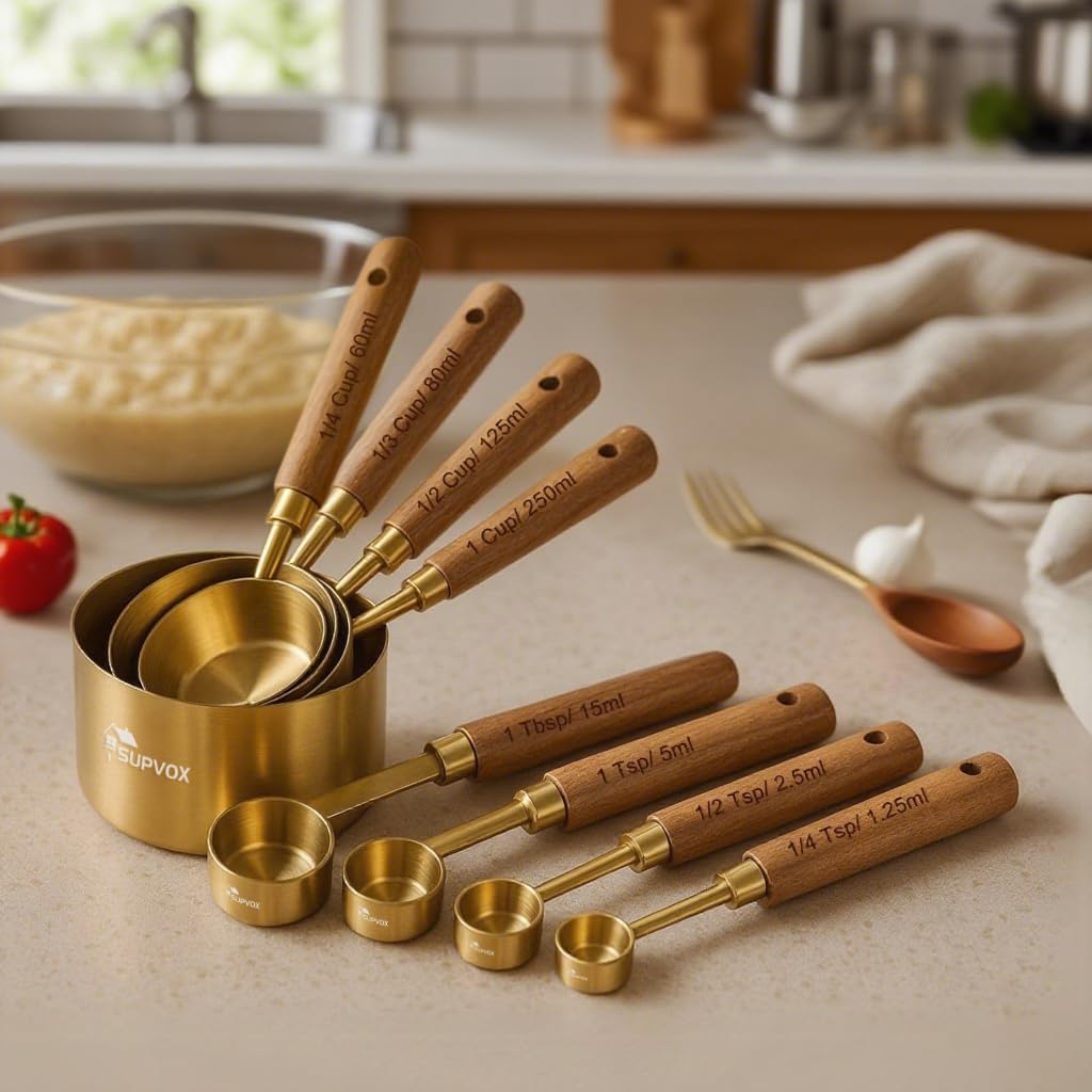 Supvoxยฎ Measuring Cups and Spoons with Wood Handle Set of 8, Stainless Steel, Golden Polished Finish, Baking Tools, Dry & Liquid Measuring Cup for Cooking