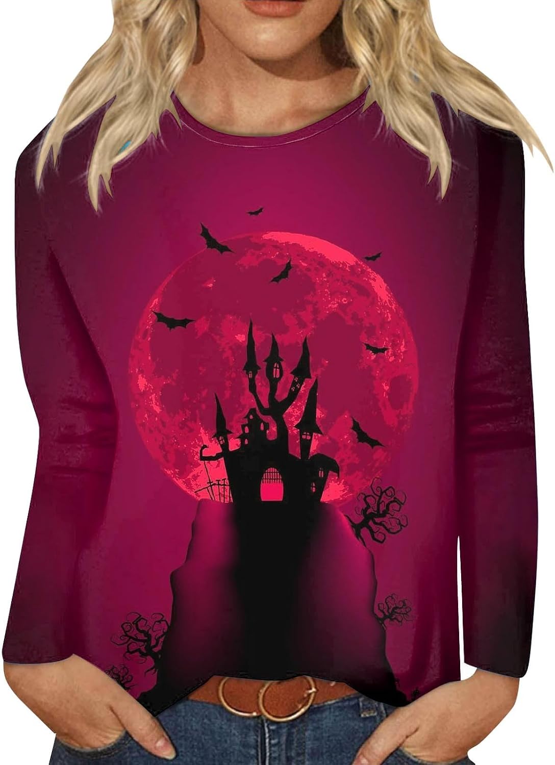 Heevina Halloween Long Sleeve Shirts for Women Crewneck Floral Pumpkin Bats Spiders Printed Halloween Shirts Woman