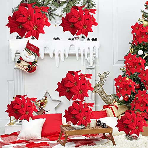 Wistart 8 Pack Christmas Artificial Poinsettia Flowers Velvet Plastic Floral Bouquet Small 7 Head Silk Red Shrub Fake Flowers Arrangement For Winter Indoor Outdoor Home Porch Xmas Holiday Decor #TOP4