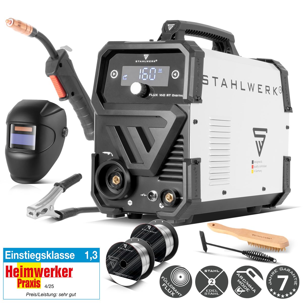 STAHLWERK Schweißgerät FLUX 160 ST Digital – Vollausstattung – 3-in-1 Kombi mit 160 A, Fülldrahtschweißen ohne Schutzgas, MMA (E-Hand/ARC), Lift-TIG (DC), synergischer Drahtvorschub, LED-Licht