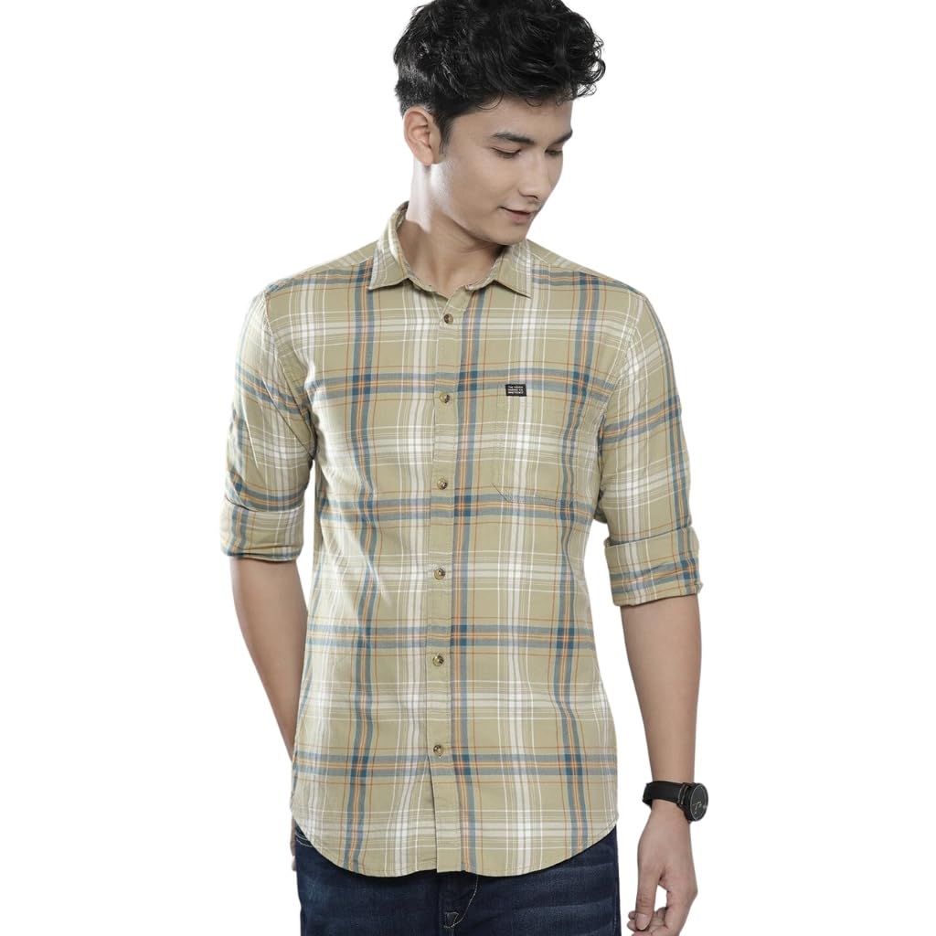The Indian Garage Co Men's Cotton Slim Fit Checkered Full Sleeves Spread Collar Casual Shirt