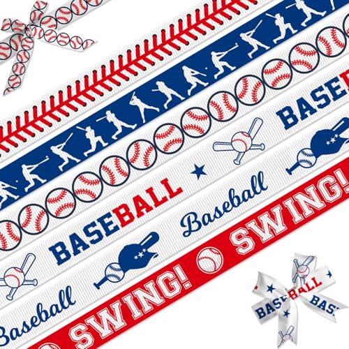 NUVCELKA Baseball Ribbon 6 Pack (5/8 Inch x 3 Yards Each) Sports Grosgrain Ribbons for Hair Bow Team Party Decoration Baseball Player Pattern Gift Wrapping Craft