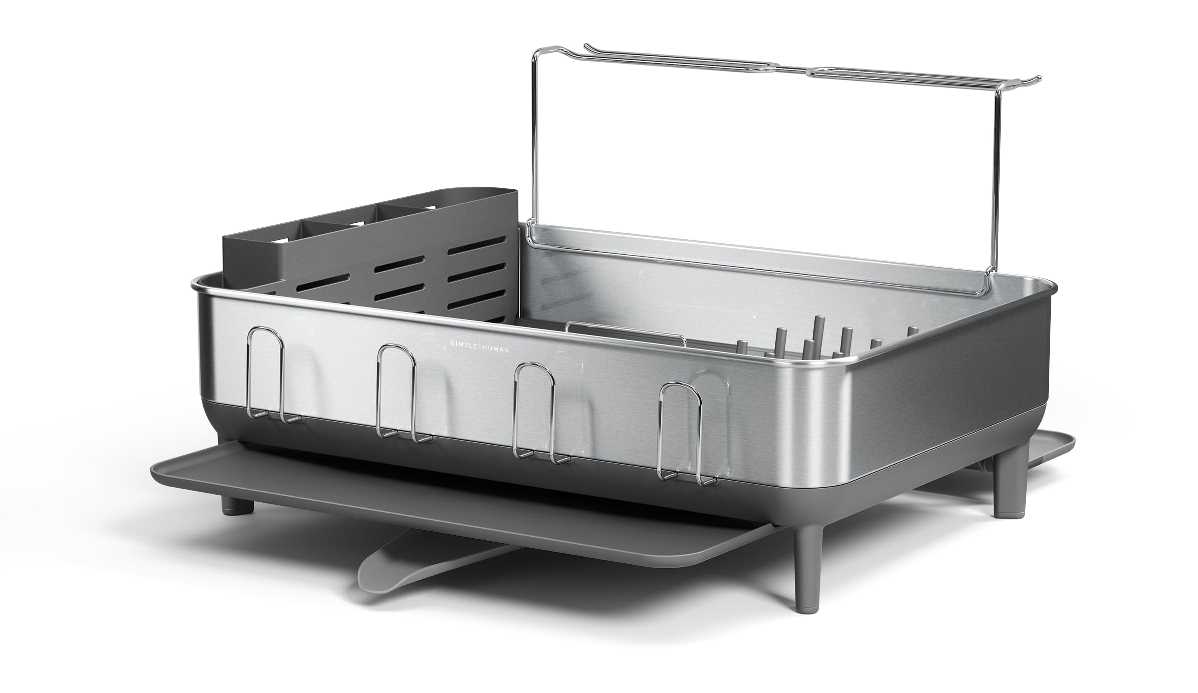 simplehumanKitchen Dish Drying Rack with Swivel Spout, Fingerprint-Proof Stainless Steel Frame, Grey Plastic
