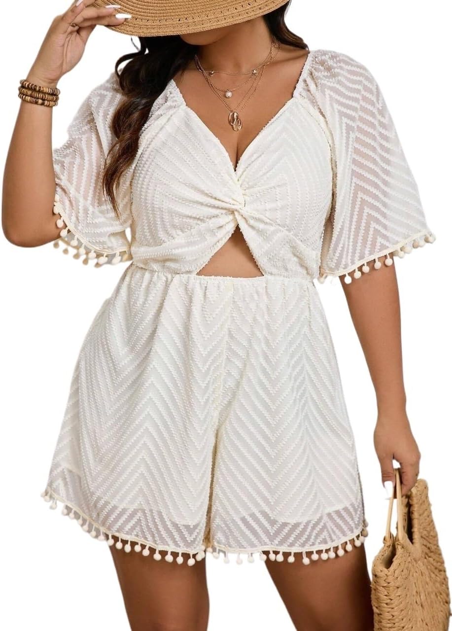 Rompers for Women Summer 2026 Plus Size V-Neck Hollow Out Front Short Sleeve Jumpsuit For Summer