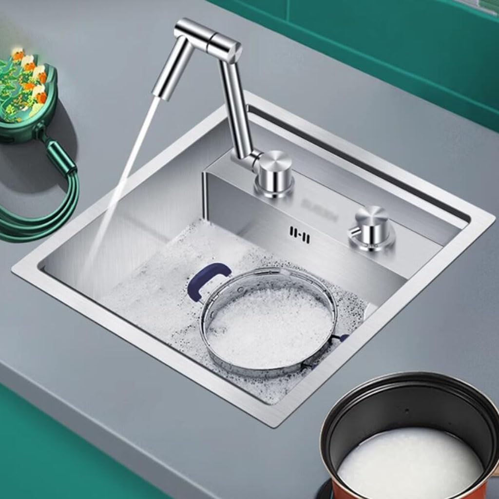 Lavello da cucina a scomparsa salvaspazio al bar in acciaio inox sifone lavello RV invisibile lavello con coperchio, mini lavabo, color argento, 45 x 32 x 23 cm,