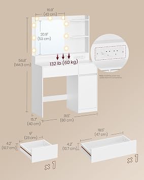 VASAGLE Dressing Table with Lighted Mirror, Cabinet, 2 Drawers