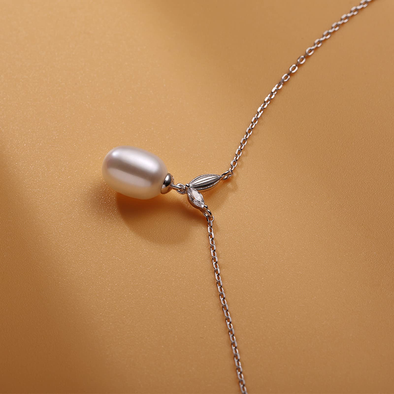 Collana S925 Argento Perla d'acqua dolce Catena con pendente 7-8mm Gioielli di bianchi a forma di goccia per fidanzata e madre Elegante