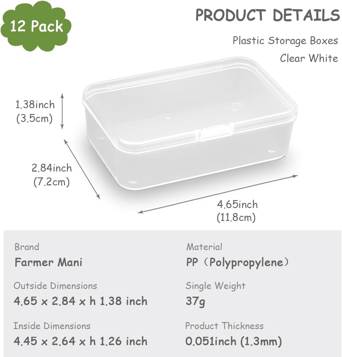 12 pcs Clear Plastic Box Containers (4.65" x 2.84" x 1.38 inch), Organizer Storage Box for Small items, Rectangular Storage Containers, Small Bead Organizer