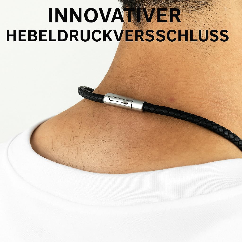 Lederkette Herren aus Rindsleder mit Edelstahl-Beads | Schwarzes 5-mm-Rindsleder mit Edelstahl-Beads, Hebeldruckverschluss und Geschenkbox. In 45, 50 und 55 cm erhältlich.